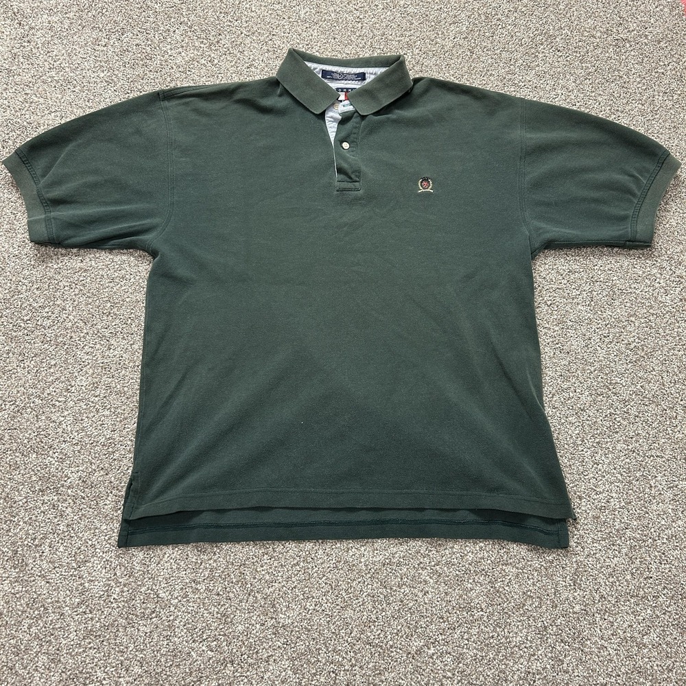 Tommy Hilfiger Polo Shirt Mens XL Green Solid Cotton Knit Short Sleeve Logo